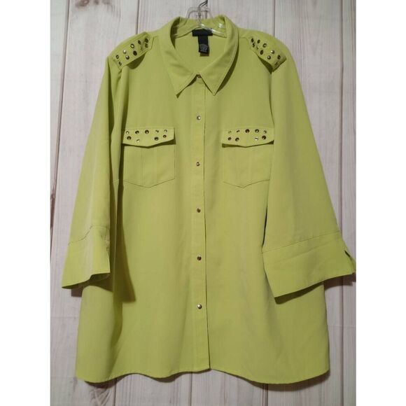 Maggie‎ Barnes Shirt Ladies 2x Green 3/4 Sleeve Snap Front Studded - Picture 1 of 6